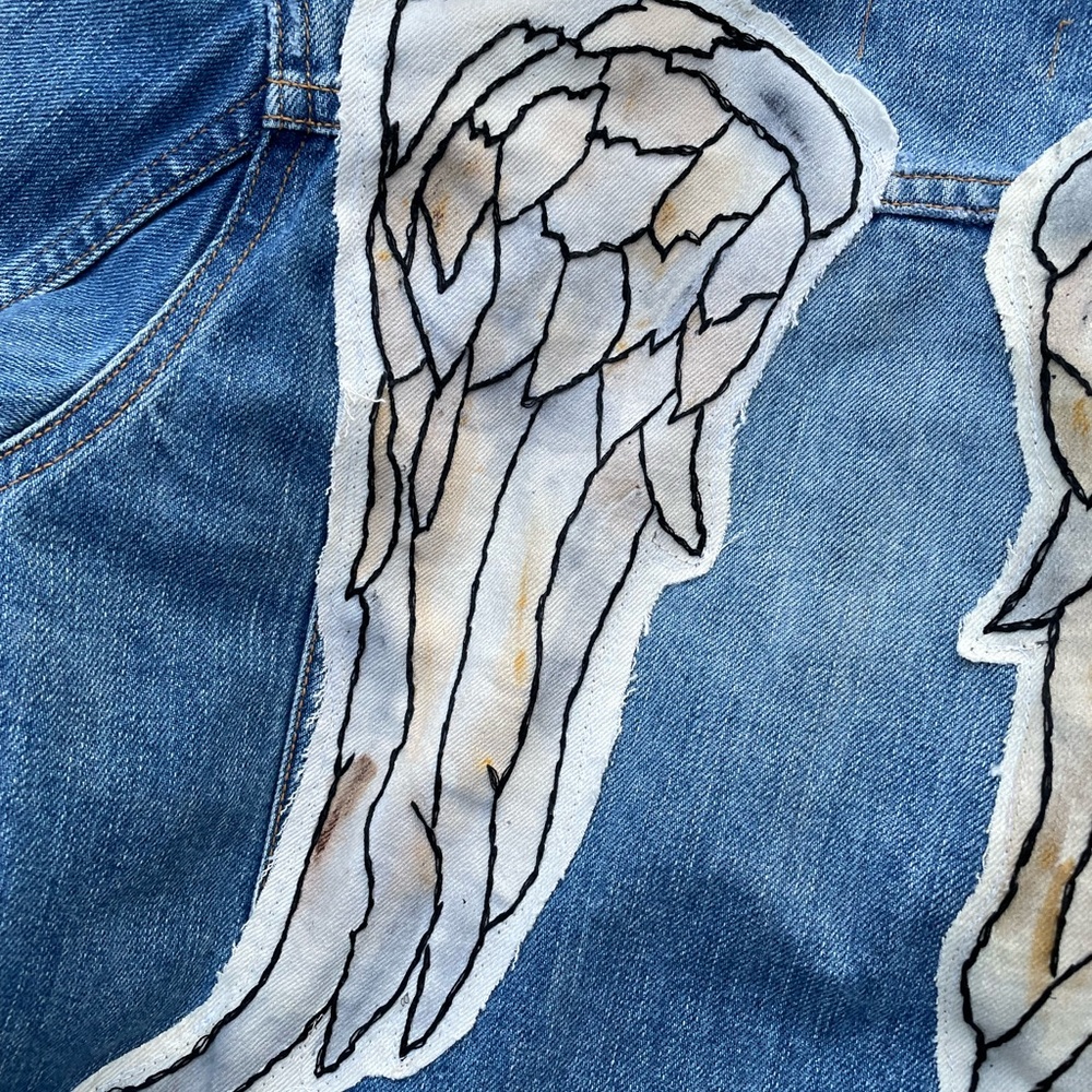 Angel wings embroidered patchwork upcycled jean jacket y2k - Picture 11 of 15